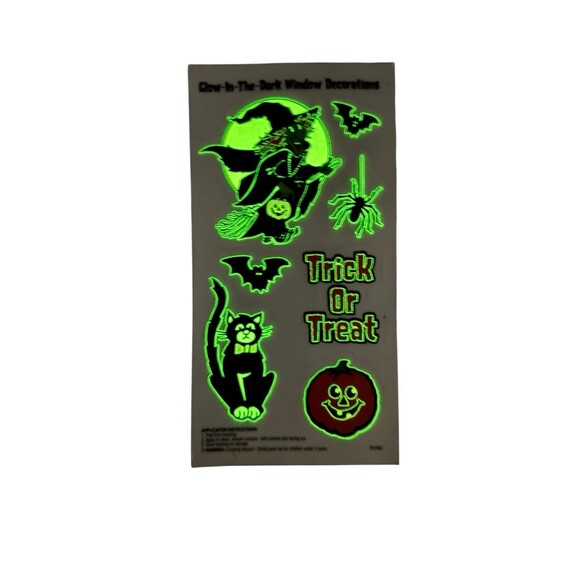 Vintage Glow in the Dark Halloween Window Cling Decorations Small Cat Witch Bat - Picture 1 of 5